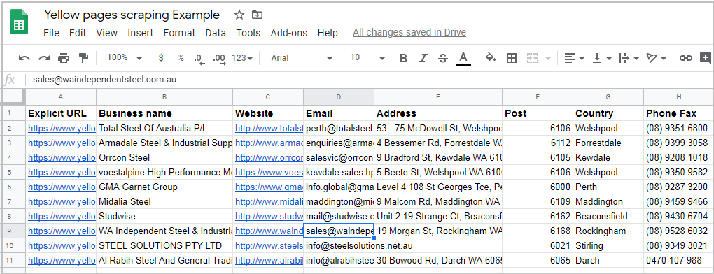 Yellow pages scraped to a CSV with eScraper