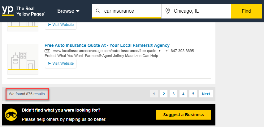 Yellow pages search results to scrape