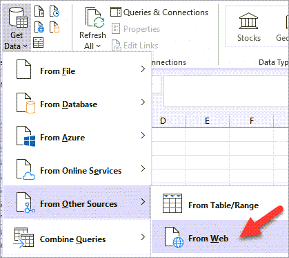 Excel data from other sources from web