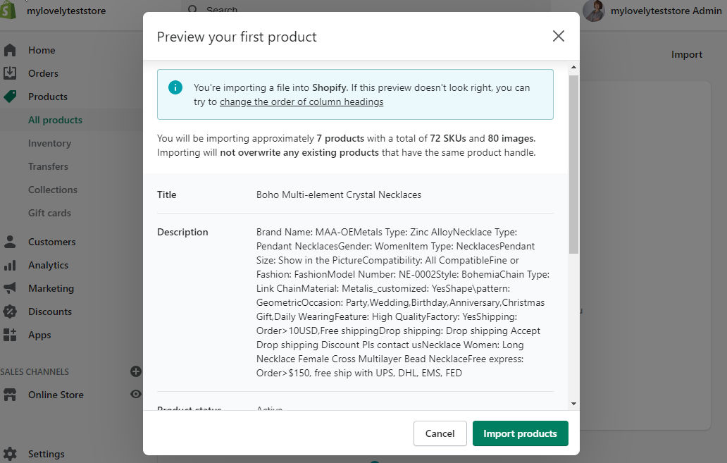 Shopify Import Preview Scraped Products