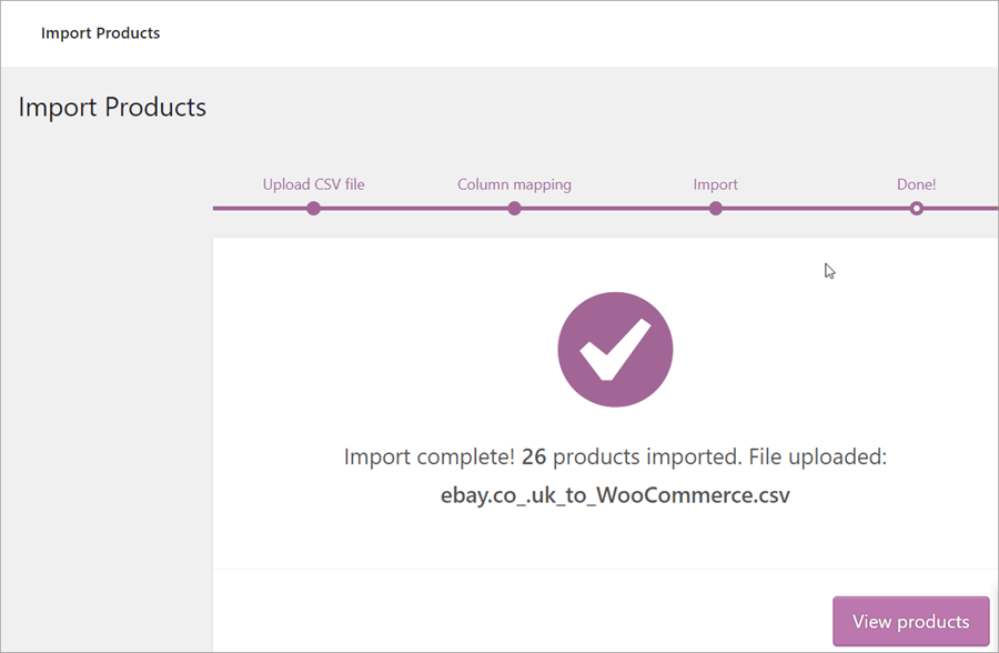 eBay products to WooCommerce import complete