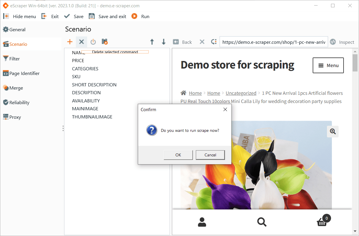 eScraper - check automatically detected fields and proceed to scrape