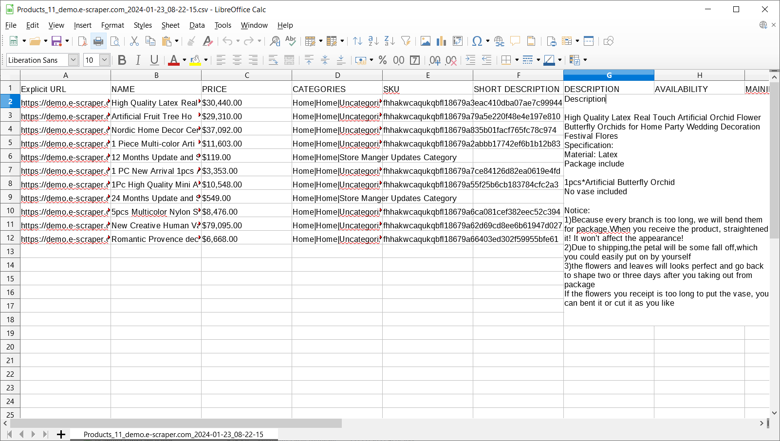 eScraper - check result file with fields detected automatically by the Smart Scan