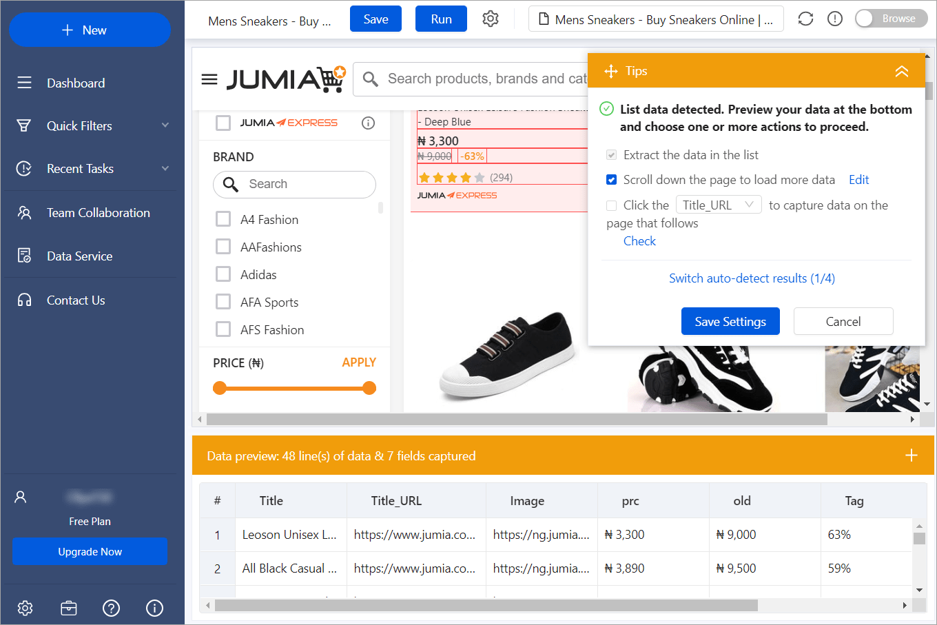 Web scraping application interface