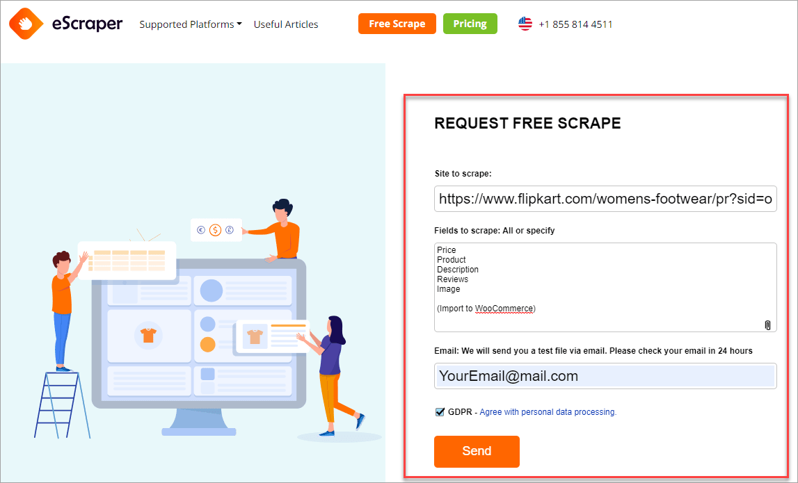 Filling in an online eScraper form to request free test Flipkart scraping