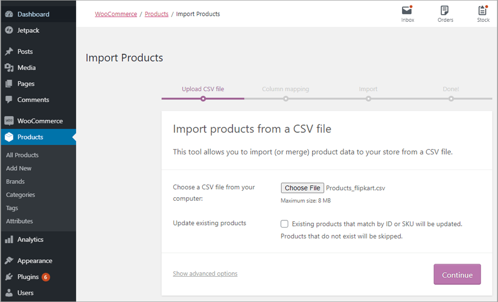 Selecting the File With Flipkart Products to Import to WooCommerce