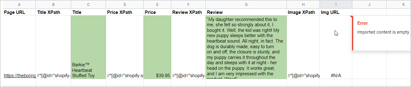 Shopify Scraping to Google Sheets Error
