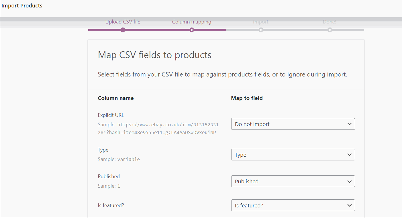 eBay to WooCommerce scraped products import mapping